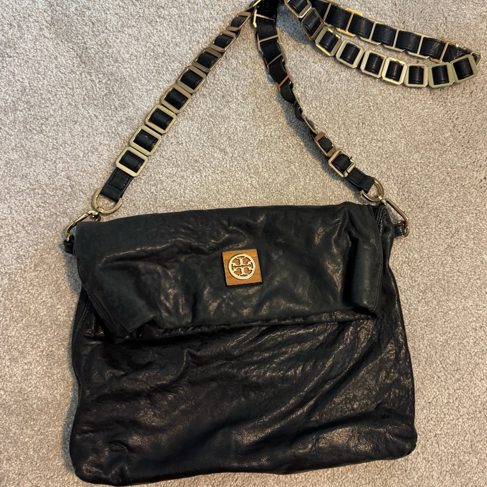 Tory Burch black leather fold over crossbody purse